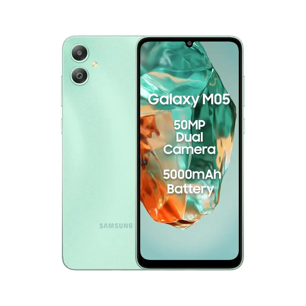 Samsung Galaxy M05 ( 4 Go RAM, 64 Go)  Double appareil photo 50 Mpx,  Grand écran HD+ 6,7 pouces , Batterie 5000 mAh